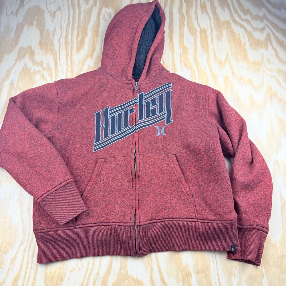 Y2K Hurley Kids Red Heather Sherpa Lined Full Zip Hoodie Graphic Logo Size S 7/8